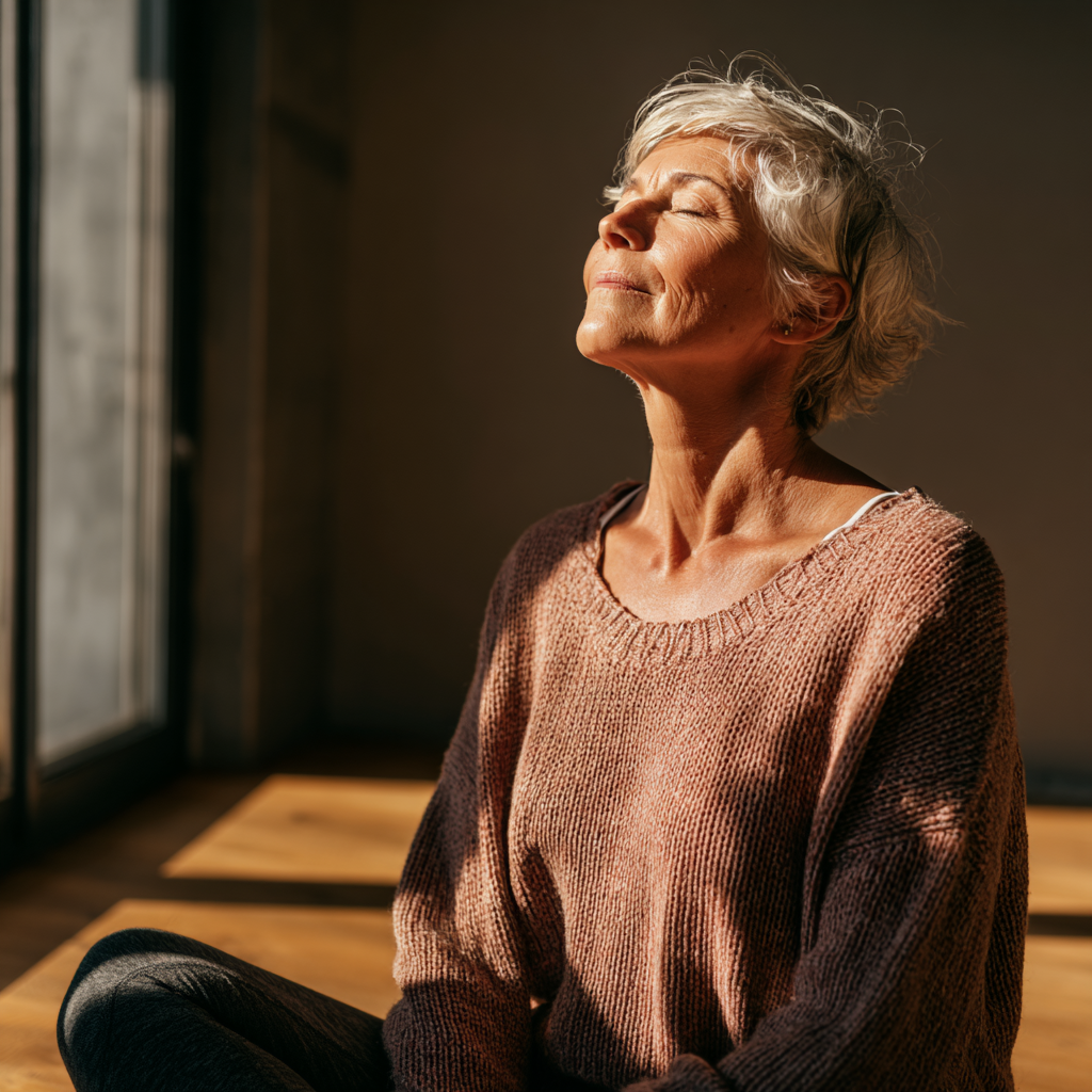 Older adult practicing mindful breathing and gentle stretching in natural light